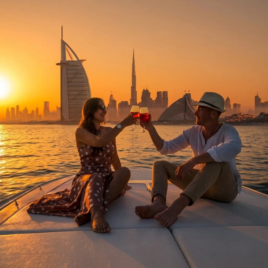 Sunset yacht cruise over Dubai skyline at golden hour